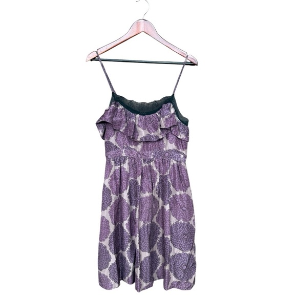 Anthropologie Lit Purple Ruffle 100% Silk Lace Dress Size 10 Lined Floral - Picture 1 of 9